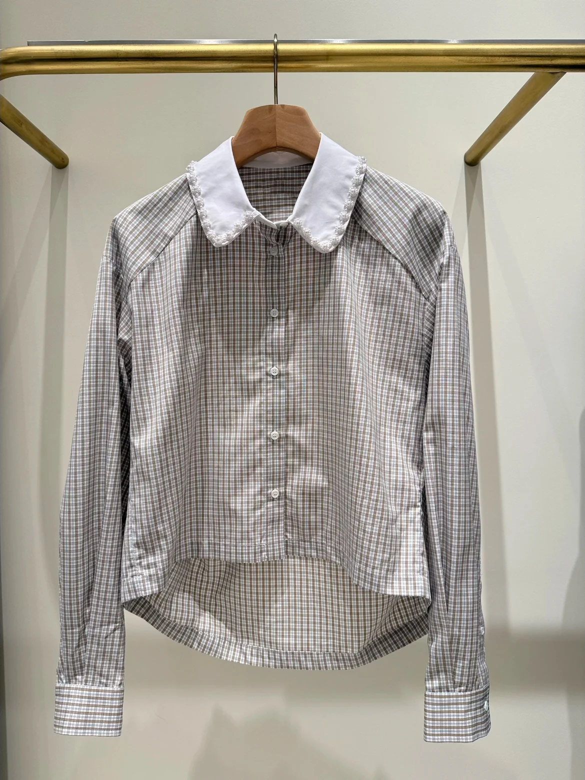 

HEIDD Long Sve irt Autumn Winter Plaid Pattern Pearl Flower Collar Casual Sle Polyester Fiber Breathable Daily Wear