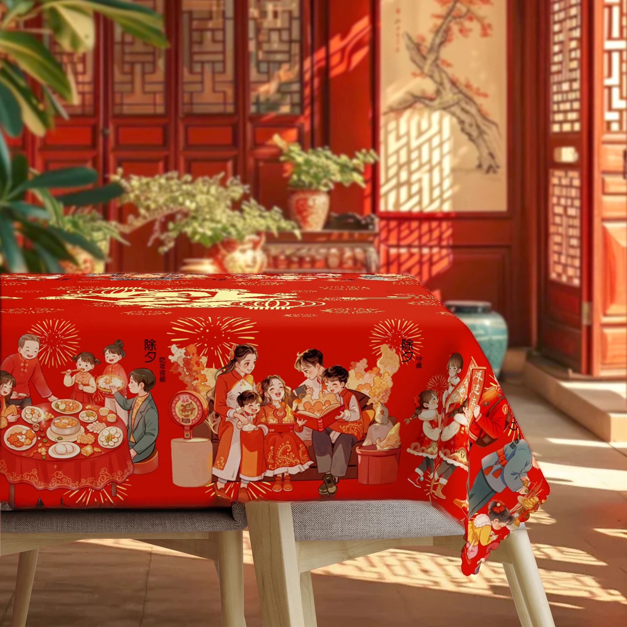 Chinese Lunar New Year Waterproof Tablecloth Table Decor Reusable Spring Festival Kitchen Dining Tablecloth New Year Decorations