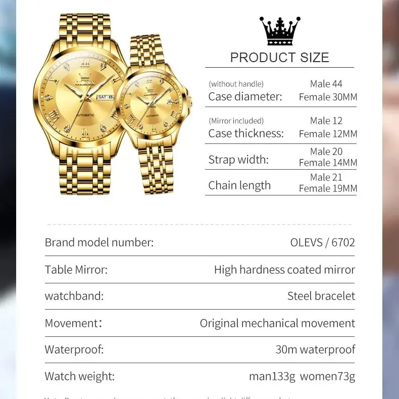 Olevs 6702 relógio de casal de luxo masculino feminino relógio mecânico automático moda simples clássico escala romana diamante casal relógio