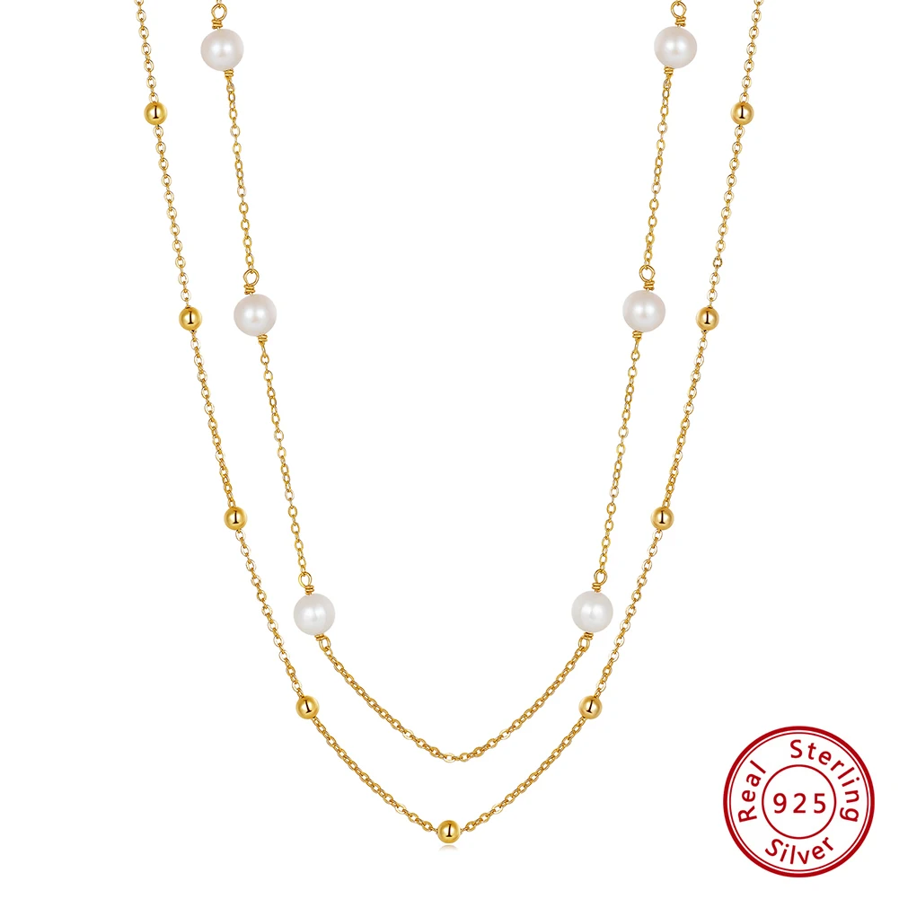 

KISS MANDY Fashion 925 Sterling Silver Real Pearls Choker Necklace For Elegant Women Double Chain Pearl Wedding Jewelry GPN62