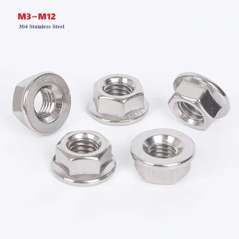 Hexagon Flat Flange Nut 304 Stainless Steel Lock Nut M3 M4 M5 M6 M8 M10 M12
