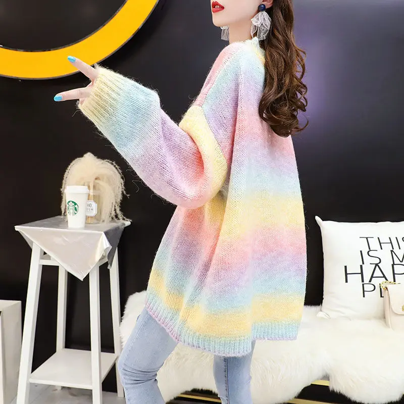 2023 New Women Loose Lazy Sweater Autumn Winter Warm Casual Versatile Simple Sweet Multi Color Design Rainbow Pullover Knitted