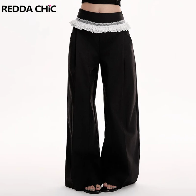 

REDDACHiC Work Casual Women Pleated Suit Pants Patchwork Lace Color Block Straight Oversize Suit Trousers Trendy Everyday Wear