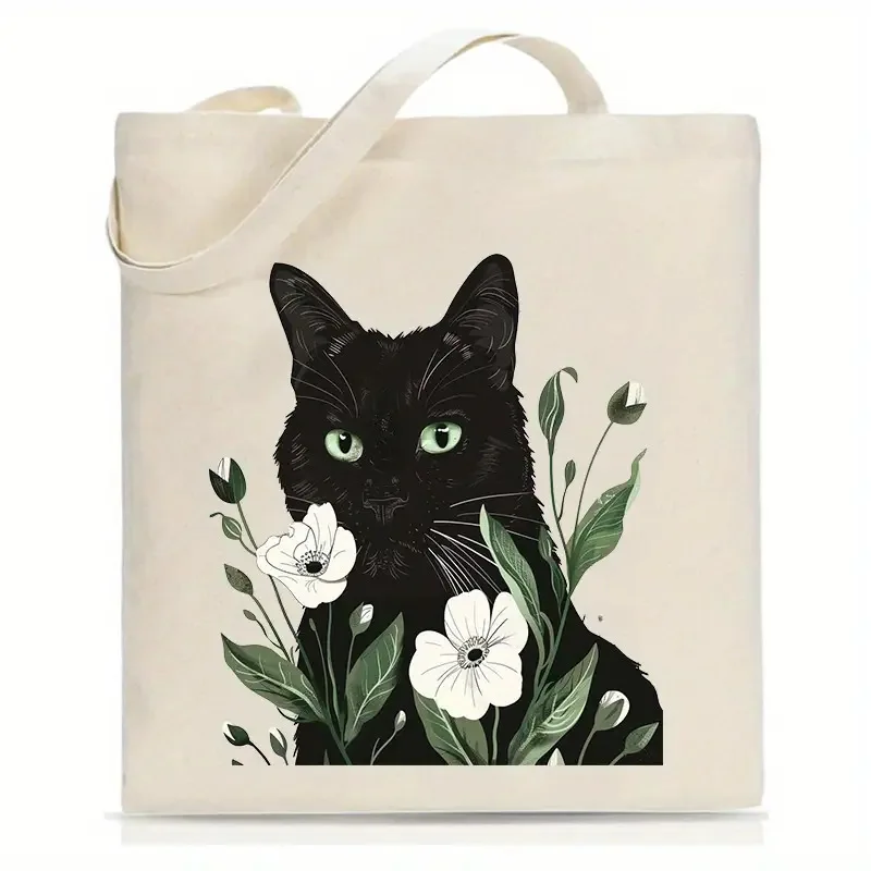 

Black Cat Canvas Bag Fun Cartoon Cat Women's Handbag Large Capacity Shopping Bag Short term Travel Tote Bag Portable Bag