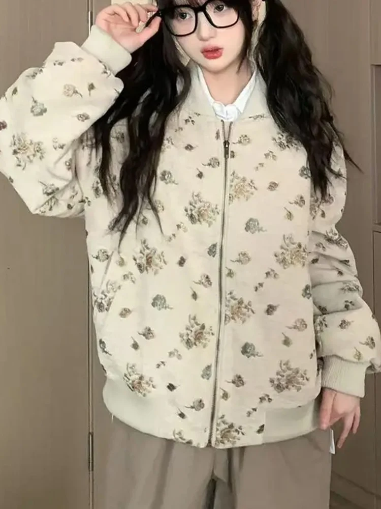 Giacche da donna Vintage dolce stampato floreale capispalla allentato cerniera autunno inverno cappotti da baseball moda femminile casual