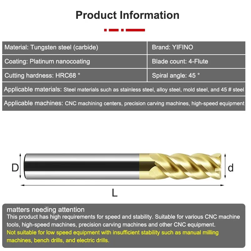 YIFINO HRC68 fresa per arrotondamento angolare a 4 flauti fresa a testa tonda con rivestimento in carburo di acciaio al tungsteno per frese a