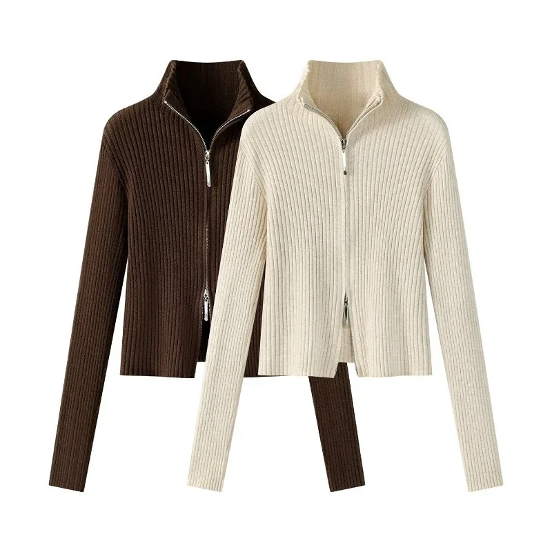 Women's Autumn Winter Knit Cardigan Versatile Office Slim Flattering Cropped Zip-Up Sweater Korean Long Sleeve Outerwear