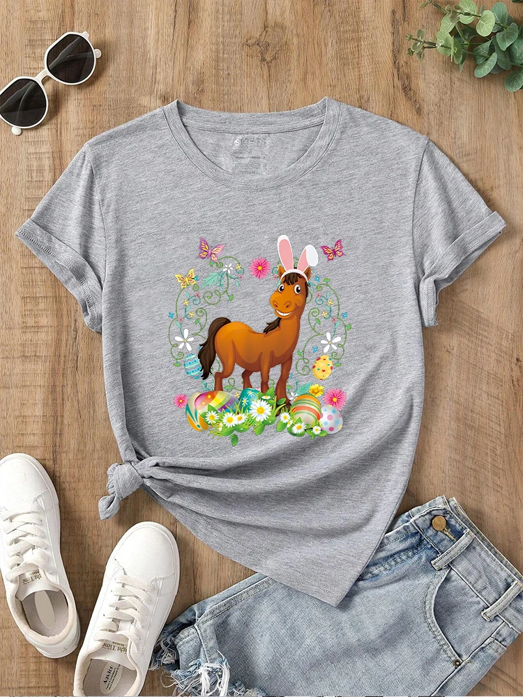 Cute Horse Bunny Ears t shirt Summer Fashion Short sleeved T-shirt Tee Tops Printed O-neck Casual T-shirt Women's Clothing ﻿