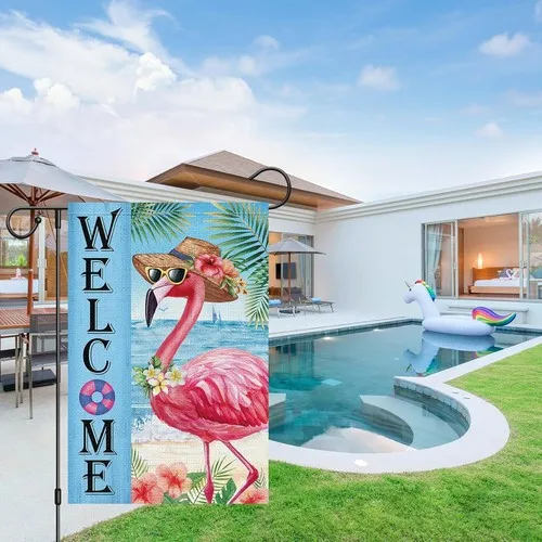 Welcome Summer Garden Flag Double Sided Burlap, Flamingo Hawaii, 12x18 XXQ