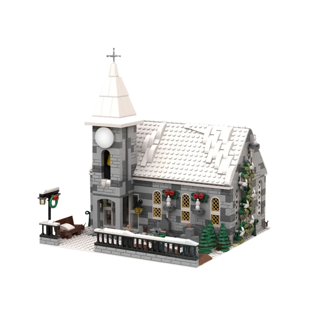 MOC Winter Village Church Bricks Model Medieval Church Architecture Creative Building Blocks Assembly Toys Kids Birthday Gifts