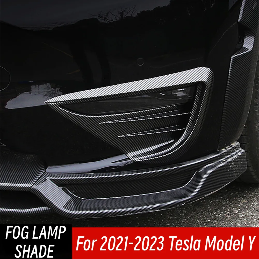 

For 2021-2023 Tesla Model Y Glossy Black Carbon Fog Lamps Shade Car Front Fog Light Hoods Eyebrow Eye Wind Knife Cover Trim Part