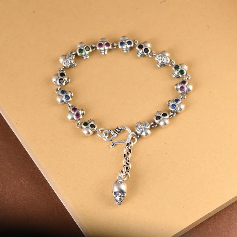 

S925 Sterling Silver Skull Bracelet Unisex Black Thailand Style Zircon Adjustable Fine Jewelry FYRNG145