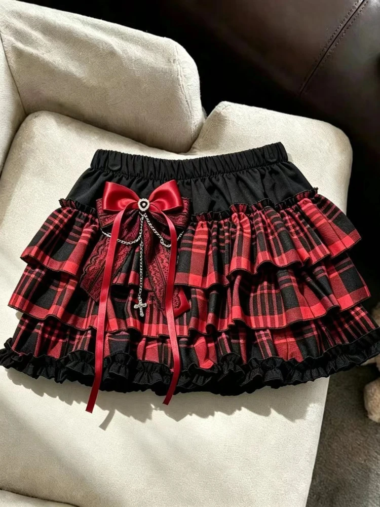 Y2K Korean Dark Irregular Red Plaid Pleated Ruffle Tiered Mini Skirt Women High Waist Bow Cross Chain Lace Trim Slim Fit Sexy