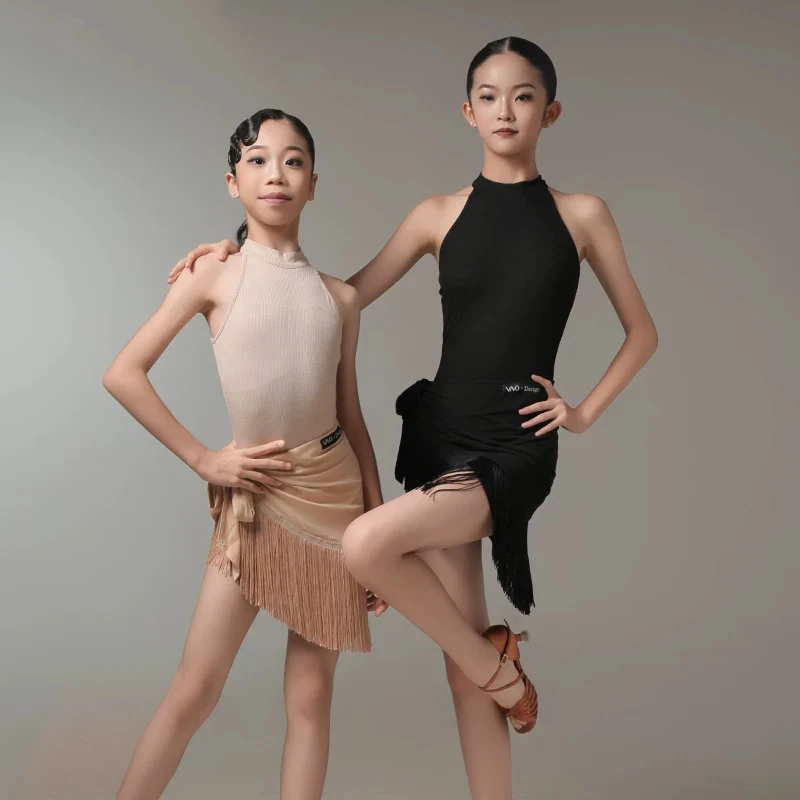 2026 New Latin Dance Performance Costumes For Girls Hanging Neck Top Tassel Skirt Practice Suit Rumba Ballroom Latin Wear XH5389