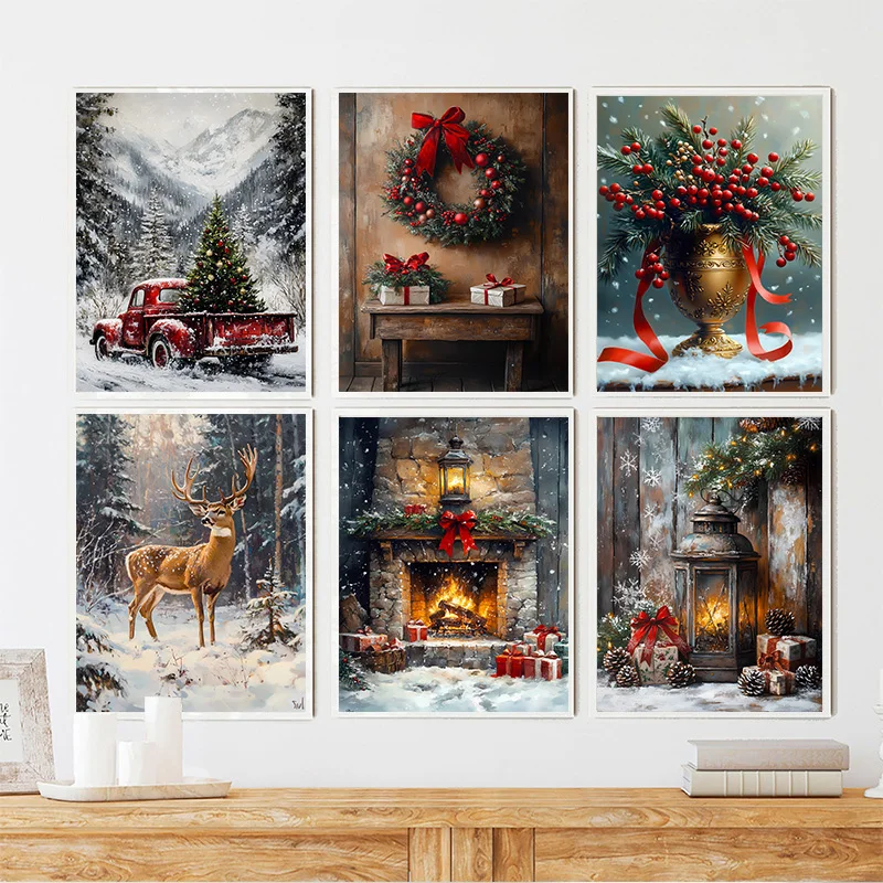 Vintage Red Truck Christmas Tree Reindeer Posters Nordic Winter Snow Scene Fireplace Canvas Painting Bedroom Wall Art Home Decor