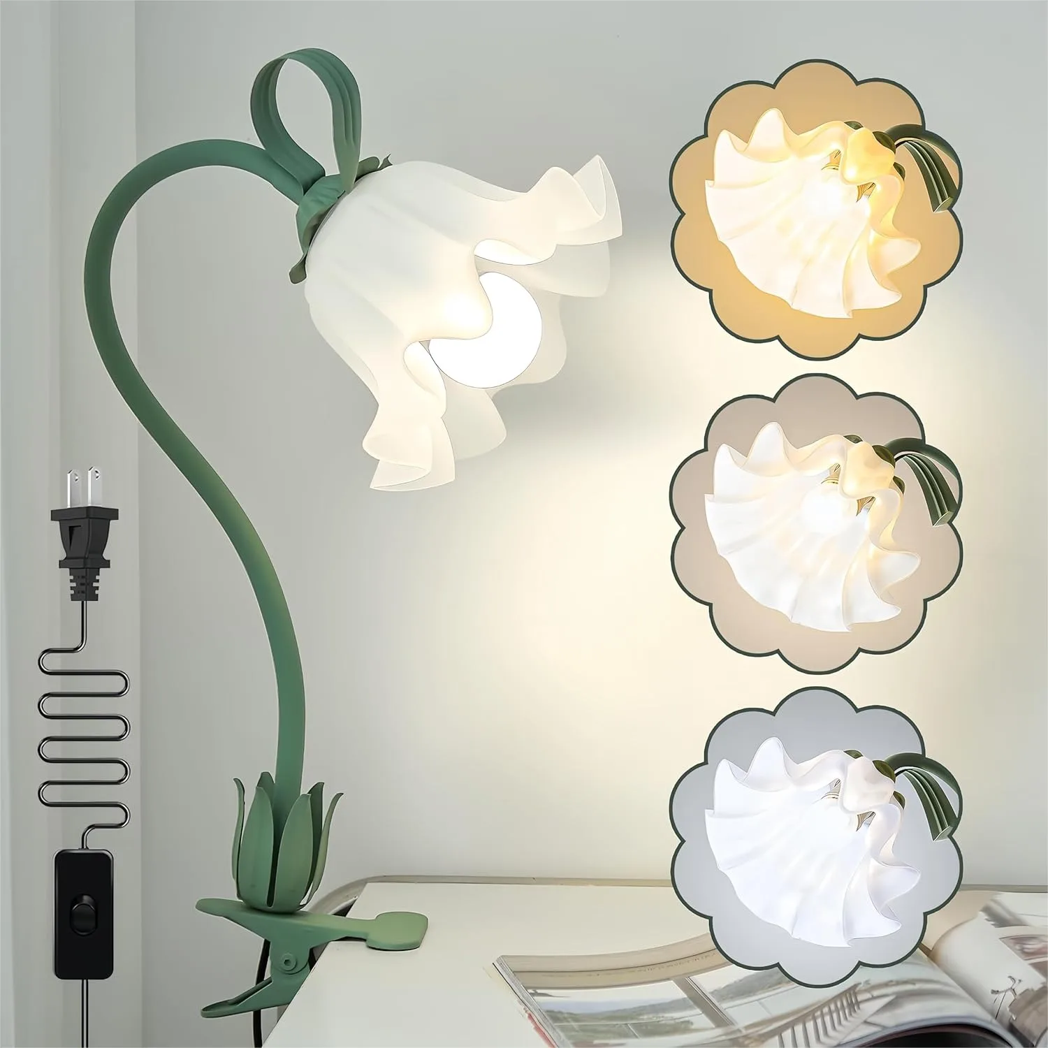 

Clip On Light Flower Desk Lamp LED Reading Light 3 Color Modes Eye-Caring Book Light Flexible Gooseneck Bedside Clip On Lamp For Desk Piano Office Bed Headboard Dorm