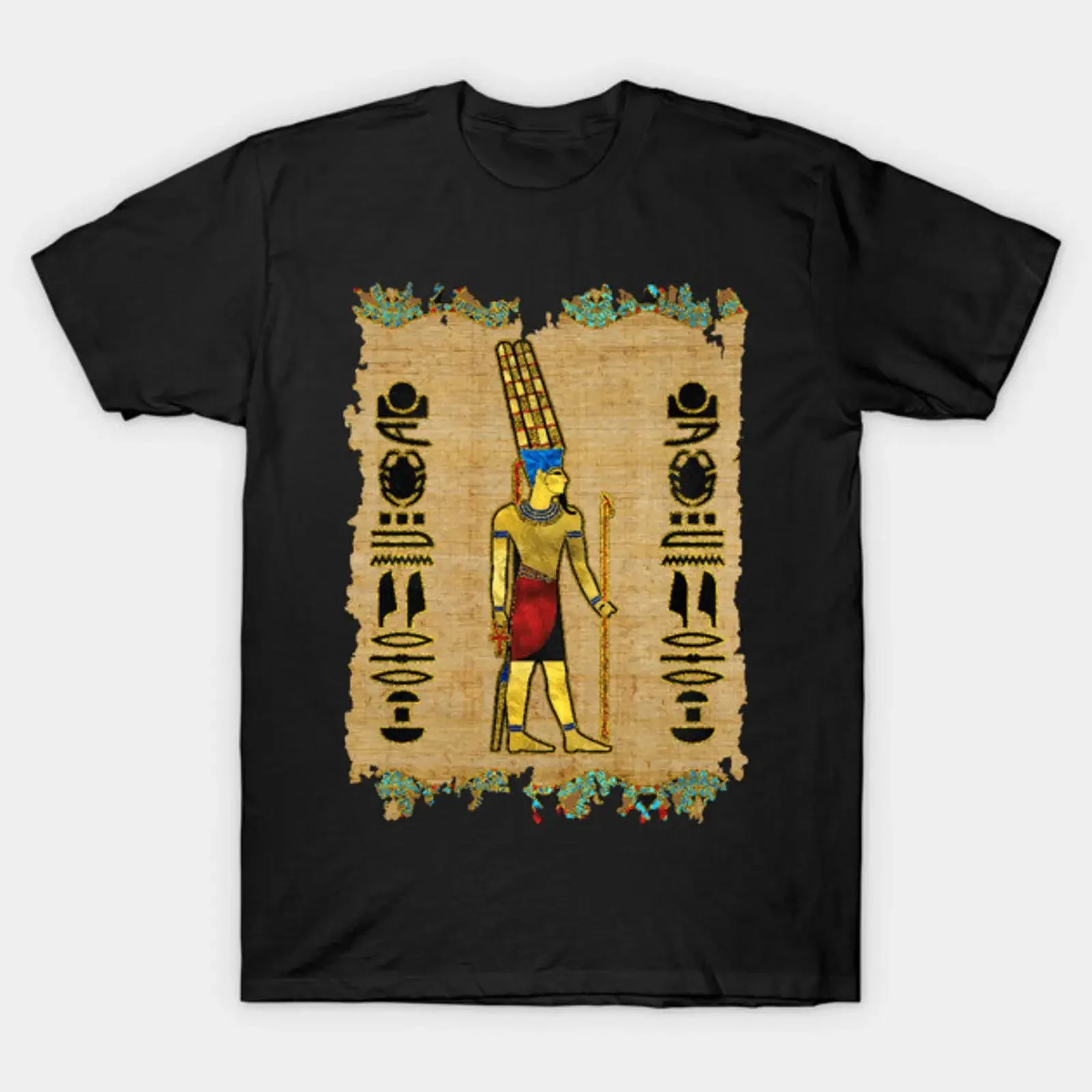 Egyptian Amun Ra Re Ornament on papyrus T Shirt vintage Washed Top For Everyday Wear Stretched Breathable Comfortable homme