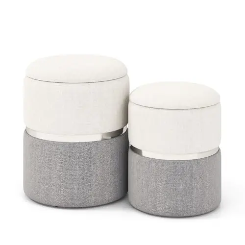 Storage Ottoman Set of 2, Modern Round Ottoman with Storage, Upholstered Linen Fabric Footrest with Sliver Hoop, Vanity