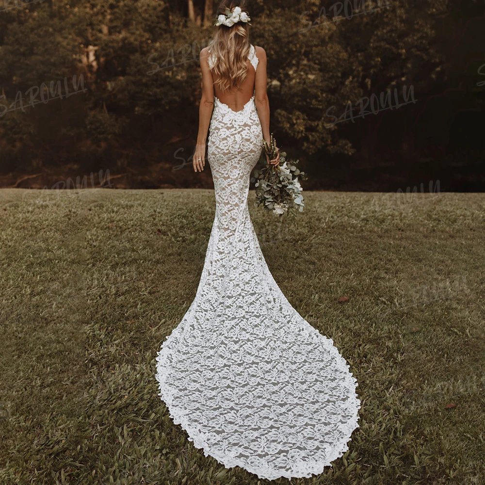 Sexy Mermaid Lace Wedding Dress Backless O Neck Open Back Court Train Bride Dresses Slit Backless Bridal Gown Custom Made