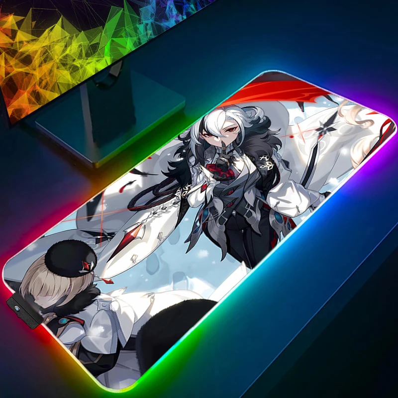 แผ่นรองเมาส์เกมเมอร์ LED คอมพิวเตอร์เก็นชิน อิมแพ็ค อาร์เลคคิโน่ขยายเกมแผ่นรองเมาส์ RGB เดสก์ท็อปคีย์บอร์ดยางทนทานสำหรับพรม