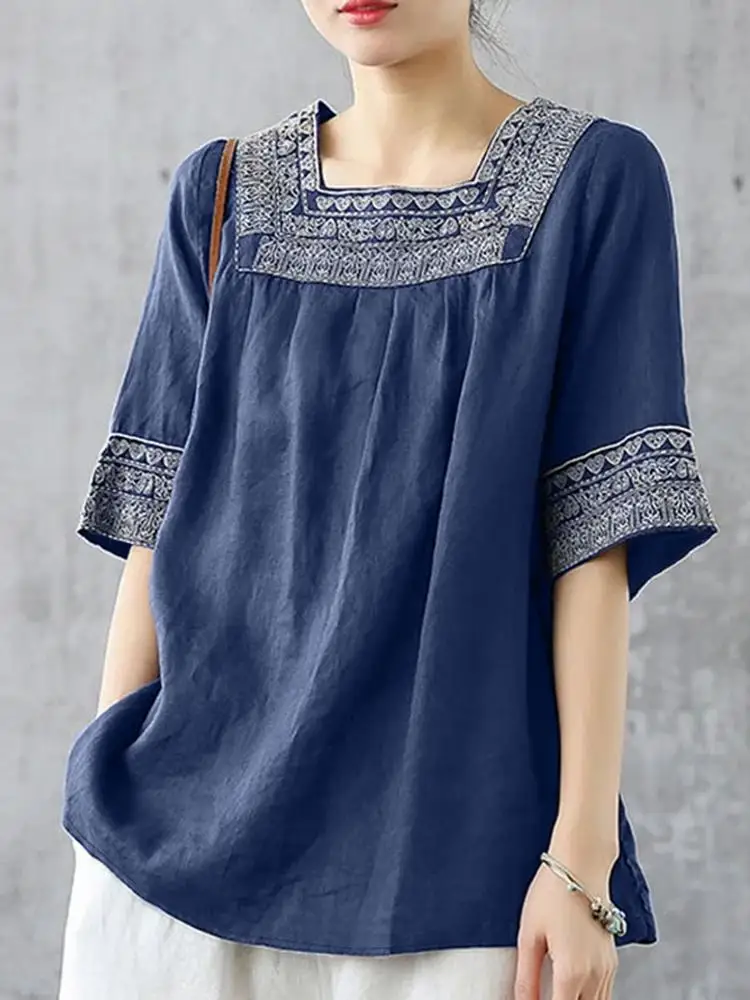 

ZANZEA Summer Vintage Embroidery Shirt Women Fashion Holiday Tunic Top Casual Cotton Blusas Mujer Square Neck Half Sleeve Blouse