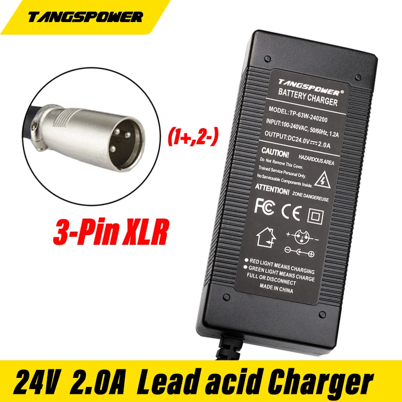 24V 2A Lead-Acid Battery Charger 28.8V 2A Charger 3-Pin XLR Connector Lead Acid Battery Pack Charger