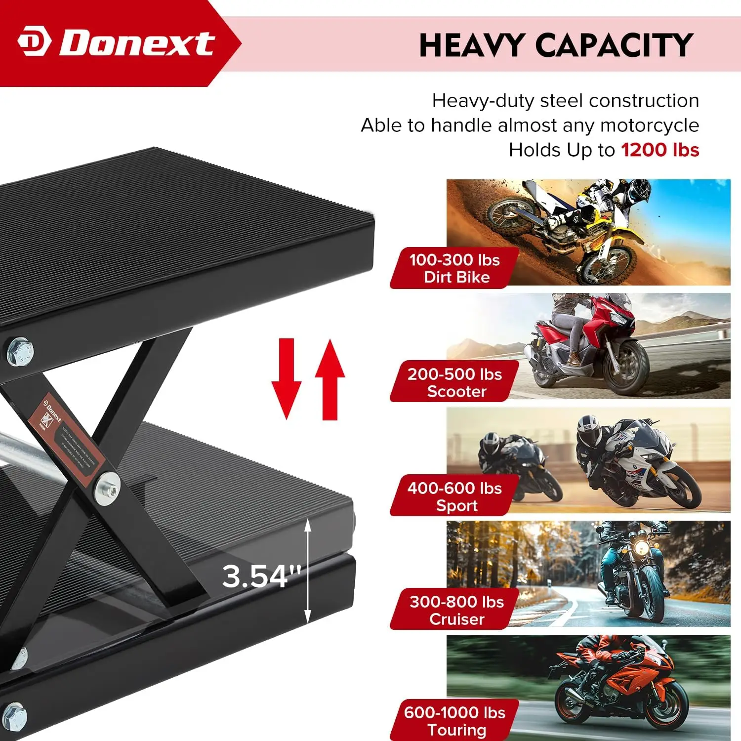 ヘビーデューティーバイクリフトジャッキ、1200ポンド容量、ATV＆バイク修理用ワイドデッキ、ブラック