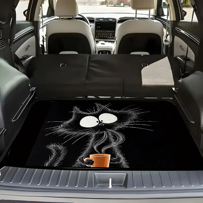 1pc Stylish Car Trunk Mat WithWhimsical Black Cat With Large White Eyes And Surprised Expression Holding Orange Cup, Cartoonish