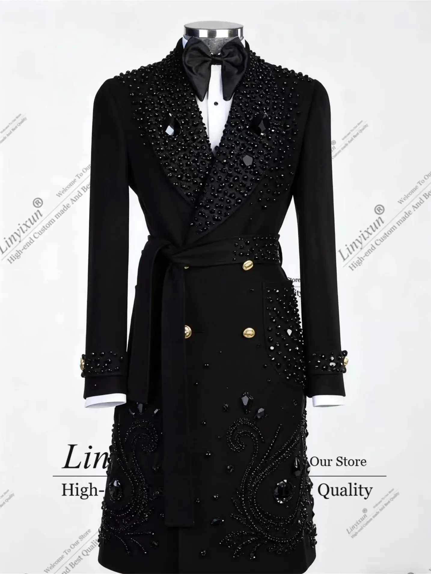 

Handsome Glitter Beaded Crystal Men's Tuxedo Slim Fit Long Coat Wedding Groom Prom Suit 1-Piece Set Customized Costume for Male