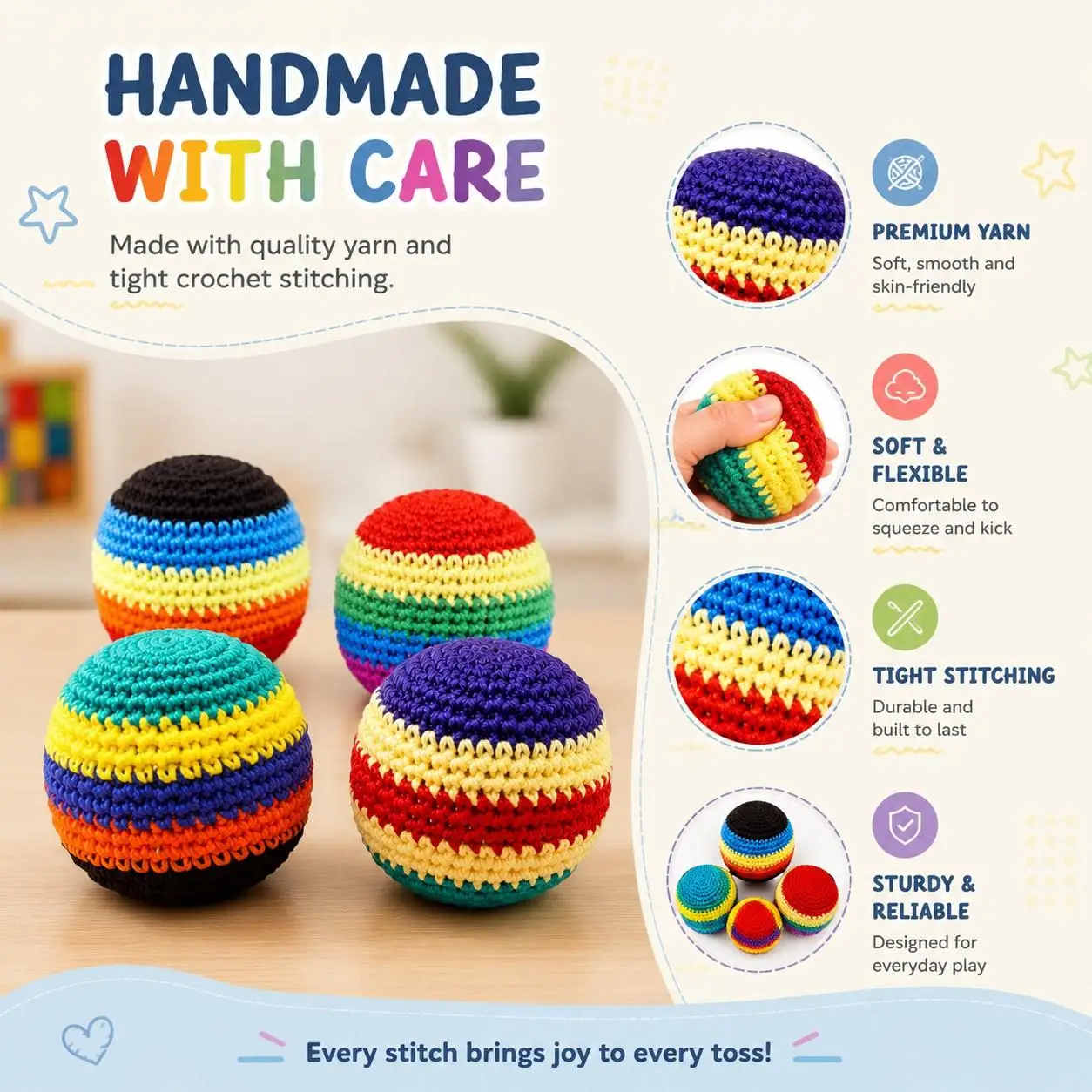 4/6 Piece Set of Fun Crocheted Hacky Sacks —Multicolored Crochet Juggling Balls, Assorted-Color Soft Kickballs, Durable Footbags