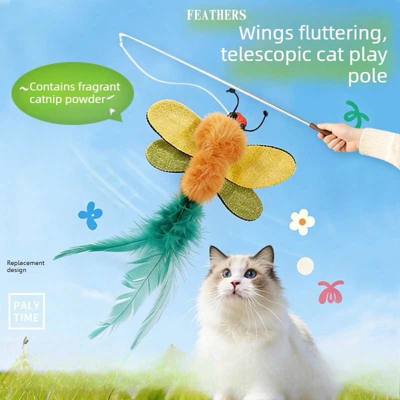

Retractable Cat Teaser Wand with Feather Insect Refills, Catnip Interactive Toy for Indoor Cats, Durable & Safe