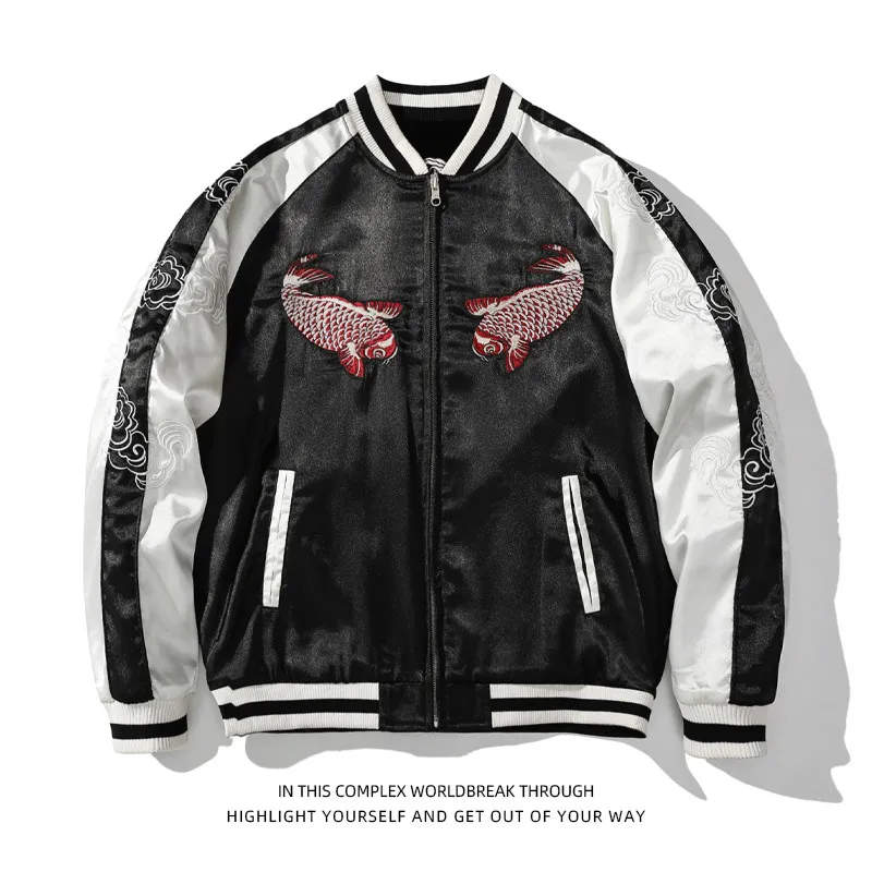 Asian Japanese Sukajan Style Embroidered Souvenir Jacket Outerwear Coat Baseball Collar National Fashion Double-Sided Wear
