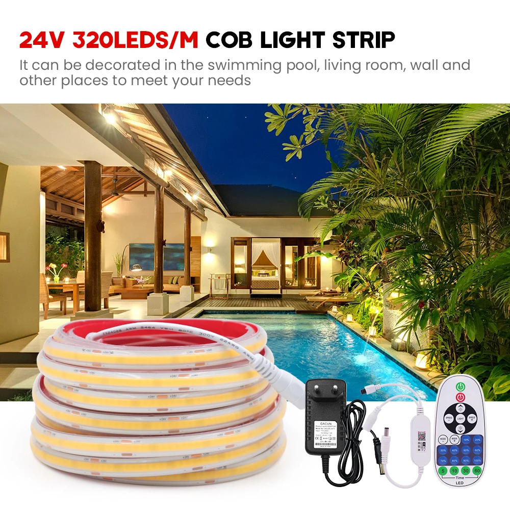 Imagem -02 - Faixa de Luz Led Cob Regulável Controle Wi-fi App Ip68 Impermeável dc 24v 320leds m Ra90 3000k 4000k 6000k Corda de Fita Flexível Fob