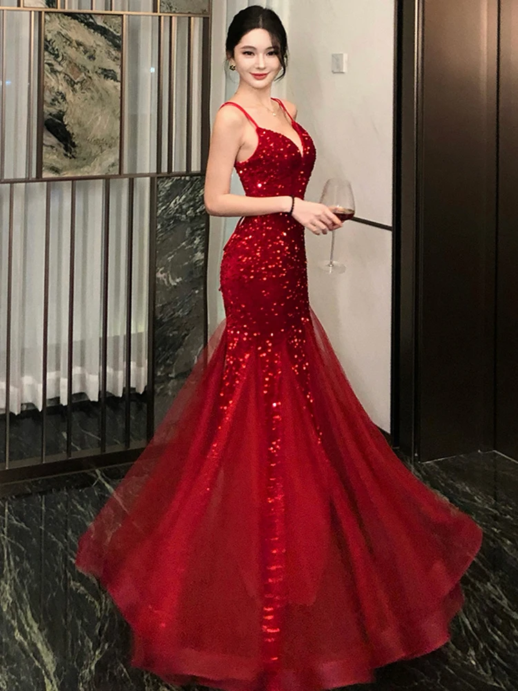 Sexy Backless Spaghetti Straps Red Evening Dress Elegant Deep V-Neck High Waist Luxury Shiny Sequins Party Female Tulle Dresses