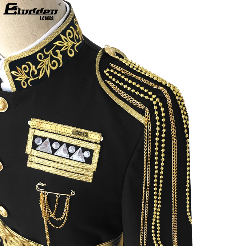 Men Stage Performance Costume DJ Dance Jacket Gold Brocade Strip Blazers sash Decoration Dress Rock Singer Night Venue Host Coat