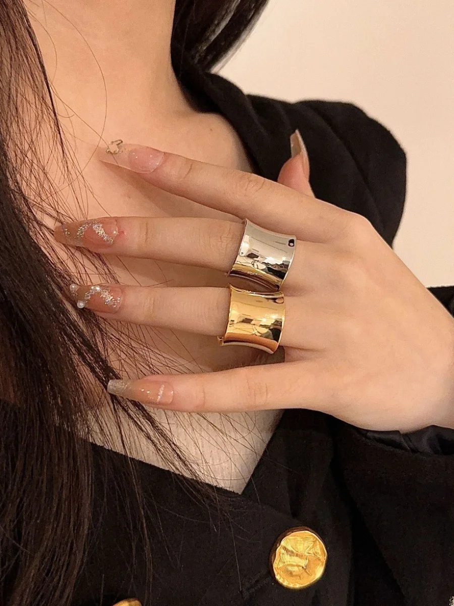 Minimalist Wide Band Irregular Ring with Metallic Finish Cold Style Fashion Accessory European Instagram Trendy Open Ring