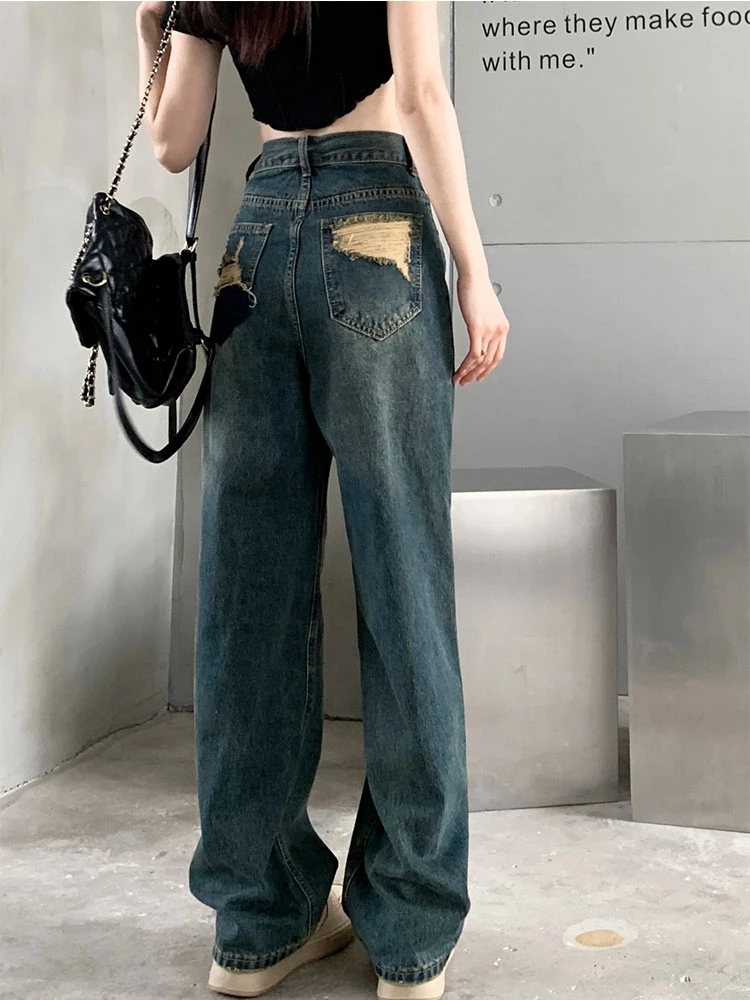 QWEEK Vintage Wide Leg Jeans Women Y2k High Waist Harajuku Streetwear Pants Korean Fashion Straight Casual Loose Denim Trousers