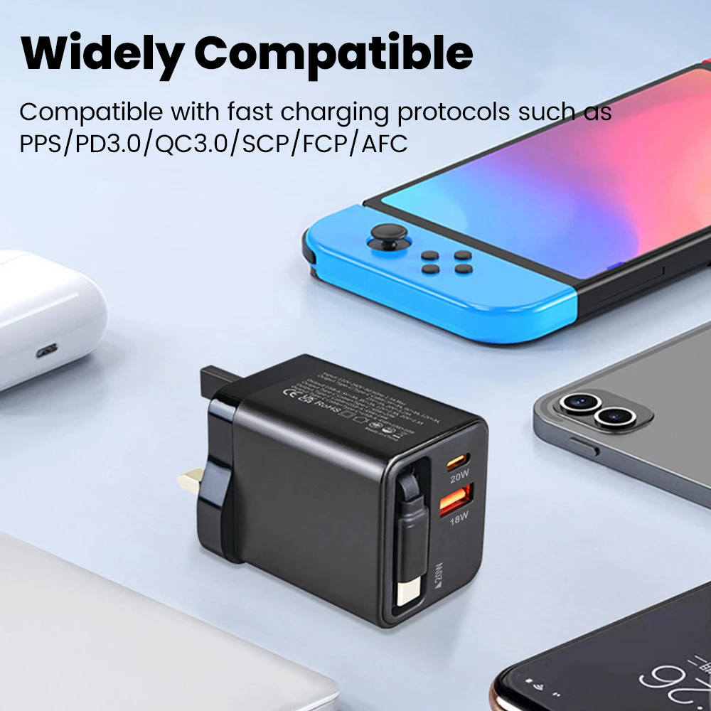 Elough PD40W Cavo retrattile Caricatore di ricarica rapido Pieghevole a doppia porta CA Ricarica super veloce per iPhone Samsung Ricarica rapida