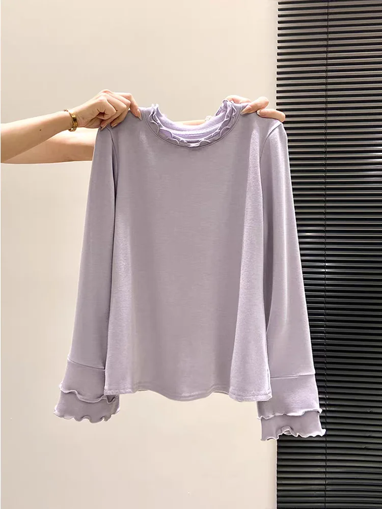 Solid Color Simple Long Sleeve T-shirts Early Spring New Patchwork Ruffle Round Neck Interior Tops Soft Comfort Versatile Tees