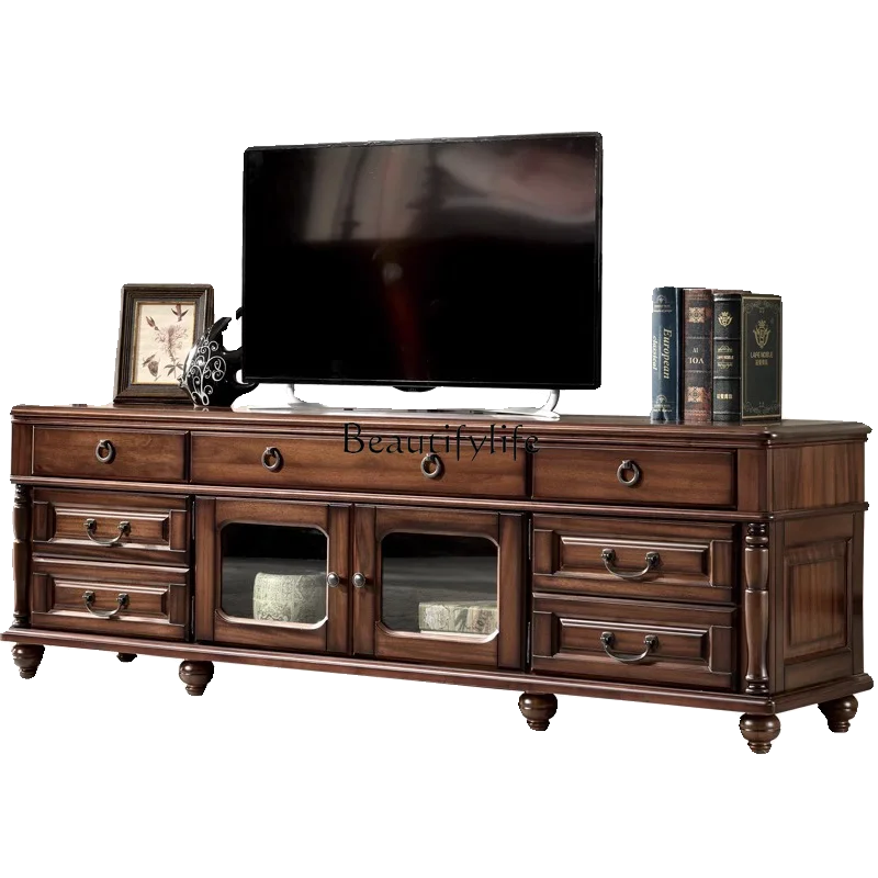 American all-solid wood TV cabinet walnut color living room European audio-visual cabinet retro storage