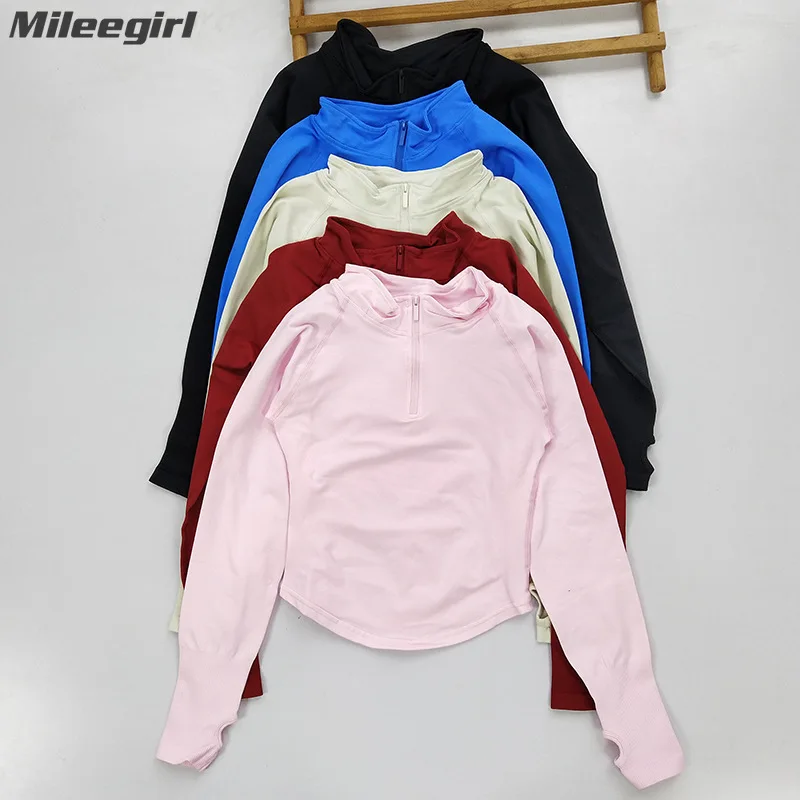 

Mileegirl Full Sleeves Women Yoga Shirts Half Zippy Sports Tops Quick Dry Elastic Gym Fitness T Shirts Seamless Workout Tops