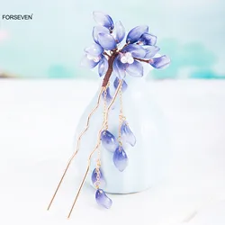 New Chinese Style U Shaped Hair Sticks Forks Blue Flower Hairpin Pendant Jewelry for Women Girls Hanfu Dress Hair Accessories