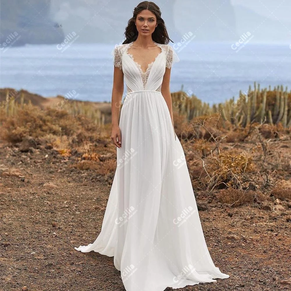 

Bohemia Wedding Dresses A-Line Chiffon Tiered Bridal Gowns Lace Appliques Sleeveless Deep V-Neck Robes Vestidos De Novia 2024