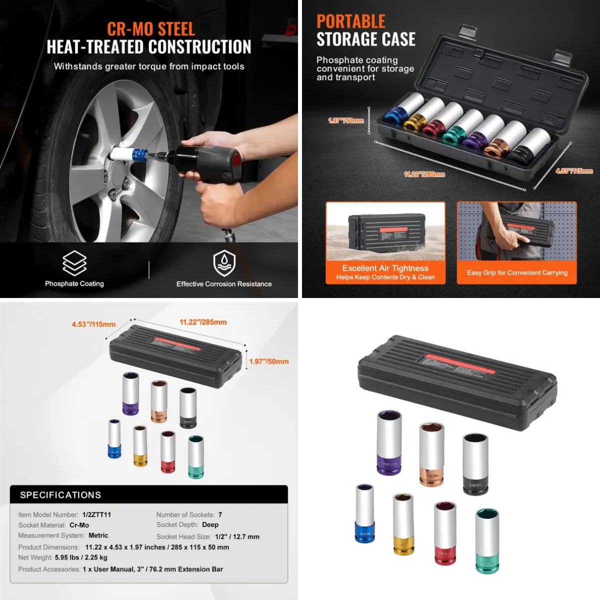 Lug Nut Impact Socket Set, 1/2 inch Drive Metric 6-Point Deep Socket Set, 7 Total Lug Nut Sizes 17/19/21/22/23/24/27mm, CR-MO St