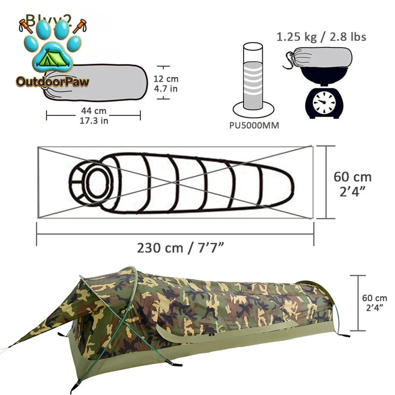 Single Person Camouflage Tunnel Tent Outdoor Camping Portable Lightweight Rainproof Nylon Fabric Aluminum Pole Double Zipper