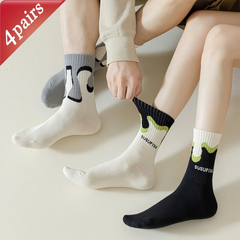 

4 Pairs Unisex Socks Pack American Graffiti Trendy Fashionable Versatile Mid Tube Socks Comfortable Breathable Anti-Odor Socks