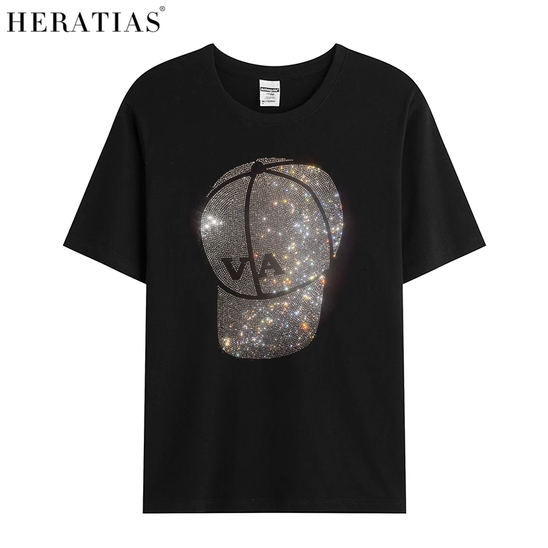 High-quality hot sale men's summer cotton short-sleeved casual T-shirt rhinestone baseball cap casual cap drill figure T-shirt