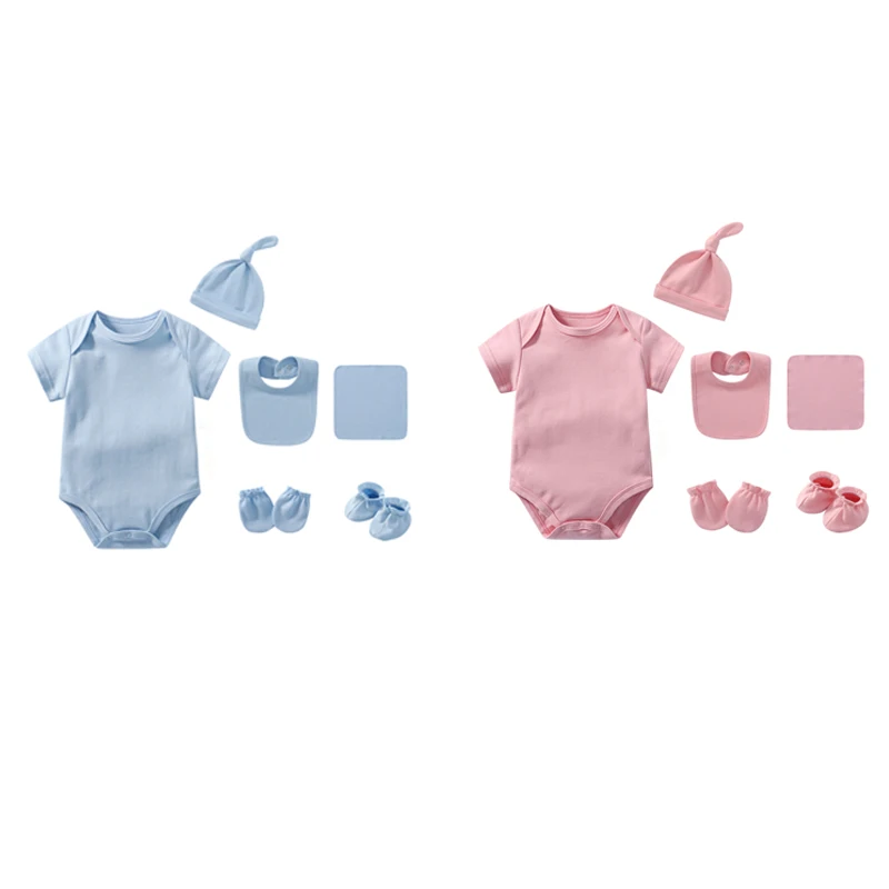 

Baby Sets Clothes 0-12 Months Boy Girl Romper Short Sleeve Bodysuits Hat Bib Gloves Foot Sleeve Towel 6Pcs Sets for Baby Outfits