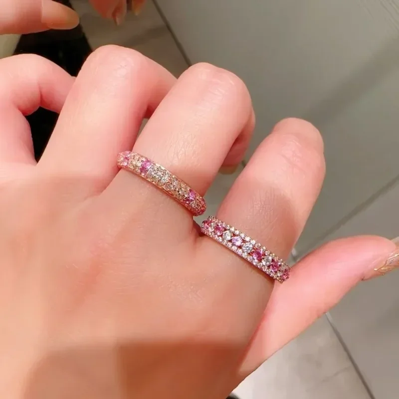 Sweet style copper plated material Hollow Full Circle Single Row Pink Crystal Shiny Engagement Ring Fashion Romantic Jewelry