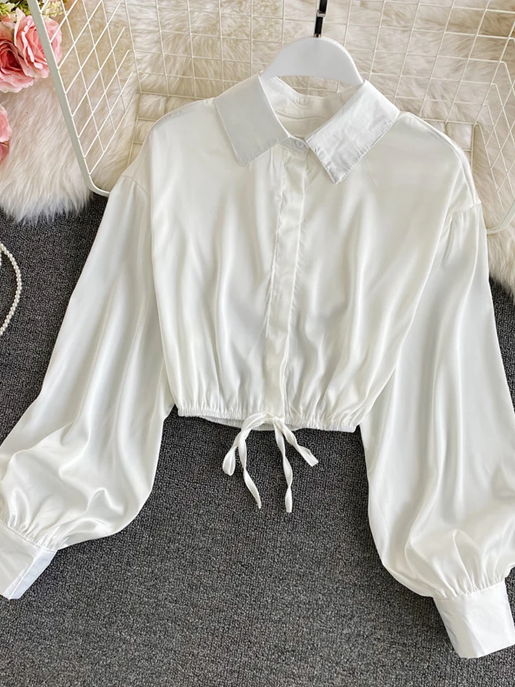 2022 Spring New Satin Women Shirts Solid Turn Down Collar Long Sleeve Women Blouse Fashion Drawstring Folds Slim Cropped Tops